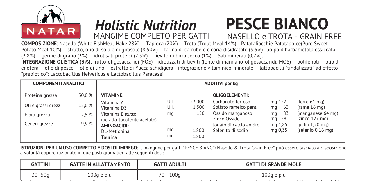 Корм для взрослых кошек Natar Holistic с белой рыбой